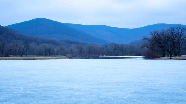 Frozen lake with mountain backdrop scene