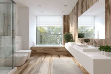 Fototapeta premium Natural Light Modern Bathroom With Wood And White Accents