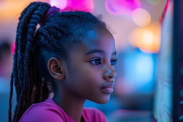 A focused young girl with braided hair intently studying a screen, bathed in soft, colorful light. The scene evokes curiosity and concentration. 