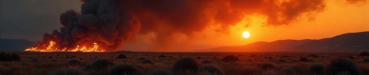 Obraz premium Fiery inferno raging in a remote, desolate landscape; smoke billows against a stark sky Isolated flames consume dry brush and grass, a dangerous natural disaster , calamity, danger