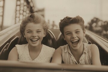 Two girls are laughing and having fun on a rollercoaster