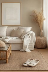 A cozy and inviting living room featuring a sofa, a rug, and decorative elements. The room exudes warmth and a sense of calm