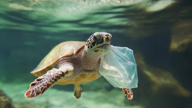 Sea turtle swimming underwater with plastic bag in its mouth in natural ocean habitat bringing awareness to marine pollution 4k video footage