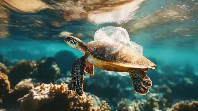 Sea turtle swimming gracefully among coral reefs with plastic waste highlighting ocean pollution issues 4k video footage