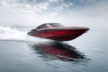 Red speedboat  through water isolated on white background