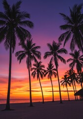 Obraz premium Silhouetted Palm Trees at Vibrant Sunset Beach