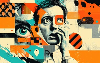 Obraz premium A surreal illustration depicting a distressed man with wide eyes, surrounded by abstract shapes and vibrant colors, evoking feelings of confusion and anxiety in a chaotic environment