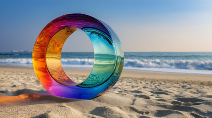 Close up a glass sculpture circle shape multi color on the beach , ocean background.