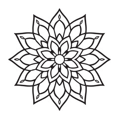 Detailed Black & White Mandala with Symmetrical Pointed Petals and Floral Design