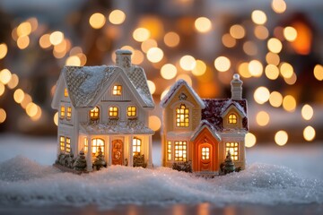 Fototapeta premium Miniature Village Houses Create a Winter Holiday Scene