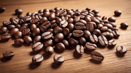 Coffee beans scattered on wooden surface. Rich brown illustration perfect for cafe, restaurant, morning routine and coffee culture business concepts