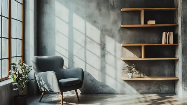 Minimalist living space featuring gray armchair by window and shelving against concrete wall, Scandinavian style