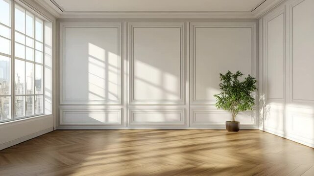 Minimalist modern home interior with parquet floor, French windows, and elegant wall paneling