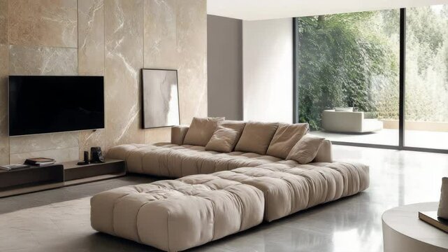 Minimalist modern living room with modular beige sofa facing TV on marble stone wall