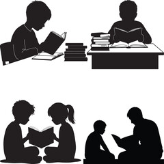 Four black silhouettes depicting individuals reading including a girl in an armchair children on grass, and children sitting on stacks of books vector