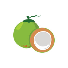 Green coconut fruit illustration whole and half