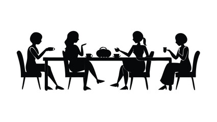 Four women enjoying tea together at a table silhouette isolated on white background