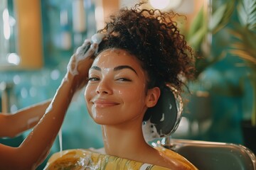 A person enjoys a hair wash at the salon, her face radiant with happiness and contentment