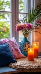 A cozy indoor scene with a beautiful arrangement of flowers, candles, and pillows near a window. The scene features a variety of textures and colors, creating a sense of warmth and tranquility.