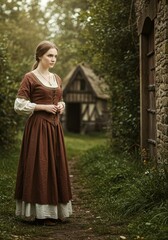 Fototapeta premium A woman stands on a path wearing a medieval dress and looks into the distance, historical reenactment for education.