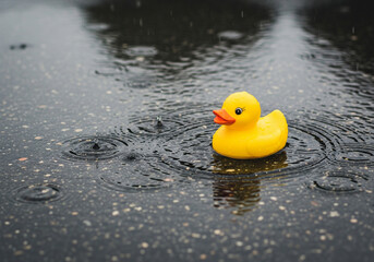 Yellow rubber duck floating in a rainy puddle. Childhood nostalgia, simple joy, summer rain.