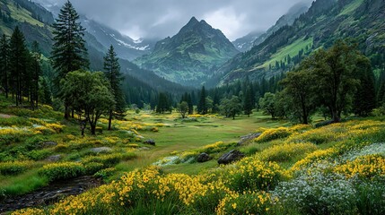 Panoramic sunflower valley at dawn with floating mist, sun rays piercing green hills, hopeful scene for environmental ads, greeting cards, phone wallpapers, and motivational prints.