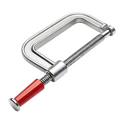 High-quality 3D render of a metal C-clamp with red handle.