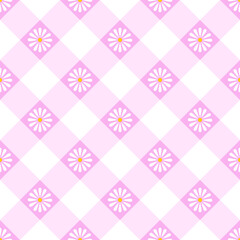 Small daisies arranged in a pink repeating checkered design pattern used in various applications, such as textiles, wallpapers, and digital design.