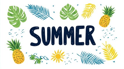 Obraz premium Summer text surrounded by tropical leaves sun and pineapples on white background.