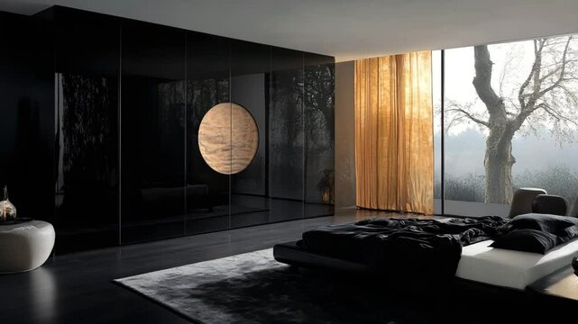 Modern bedroom interior with black glossy sliding wardrobe in minimalist style