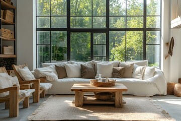 Experience the serene ambiance of a sunlit living room, a tranquil space designed for relaxation and appreciation of nature. The room is awash in natural light.
