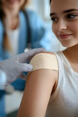 A smiling patient receives vaccination, Doctor applies bandage, symbolizing healthcare, trust, and community immunity in a medical setting.