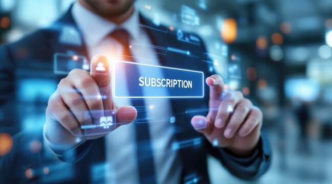 A businessman interacts with a digital interface, highlighting a "SUBSCRIPTION" button amidst glowing icons and data elements.