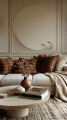 Serene living room interior design with neutral tones, featuring a curved wall detail, plush sofa, coffee table, and decorative accessories.