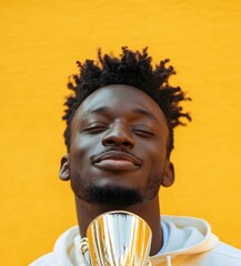 A confident individual radiates pride and accomplishment, embracing the gleaming trophy in a captivating display of victory against a vibrant backdrop.