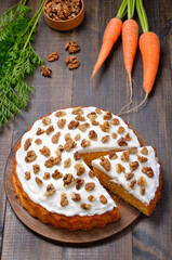 Carrot cake on wooden table