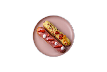 French food, dessert eclair with chocolate filling. Eclair as a background
