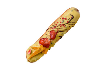 French food, dessert eclair with chocolate filling. Eclair as a background