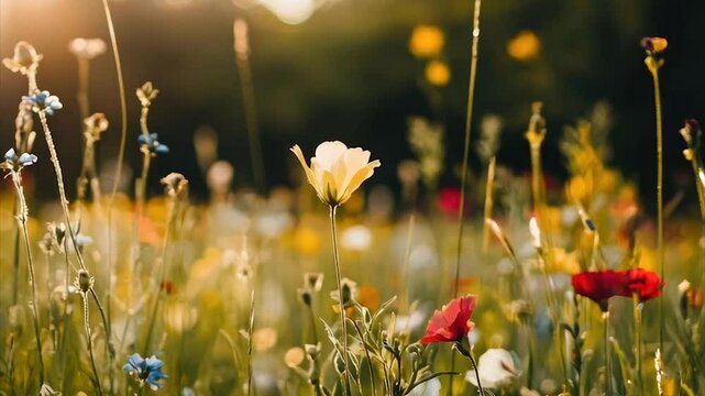 Sunlit meadow with diverse wildflowers in bloom