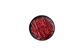 Jerky or dried chicken and cherry snacks. Dehydrated, dried snacks for beer