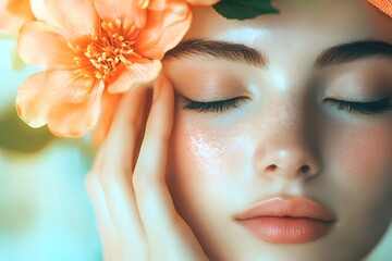 A serene portrait of a beautiful woman with radiant skin, adorned with delicate flowers, portraying tranquility and natural beauty.