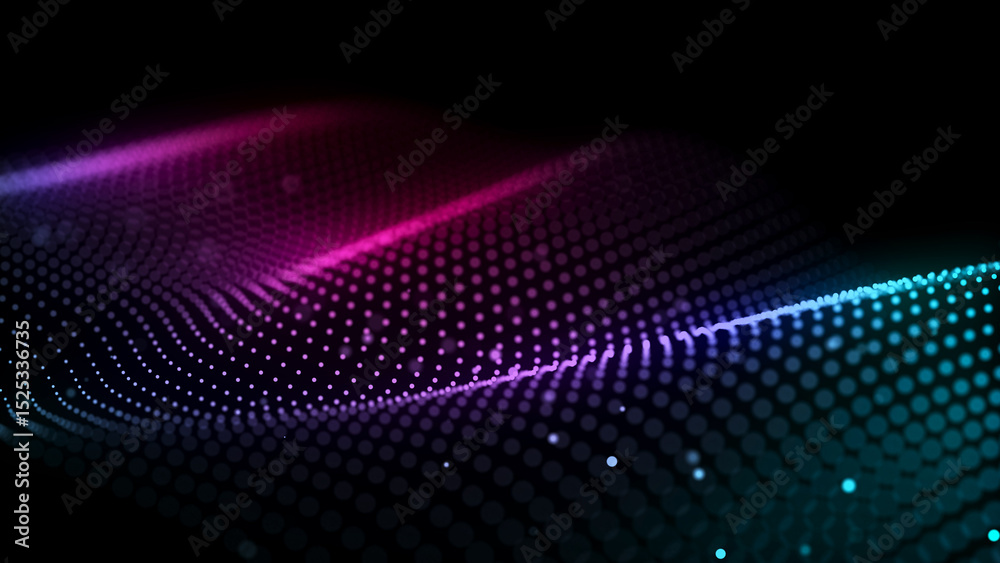 Poster digital background with musical glowing particles. big data visualization. 3d rendering.
