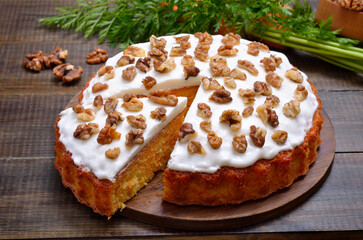 Carrot cake on wooden table