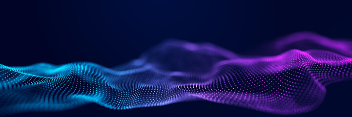 Futuristic wave of musical particles. Stream of running data. 3D rendering
