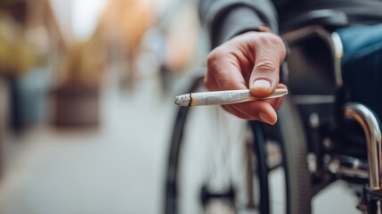 Medical cannabis use for pain relief highlighted by wheelchair user holding a rolled cigarette