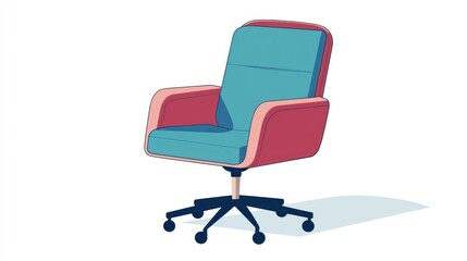 Fototapeta premium A teal and reddish-pink swivel chair with armrests on a five-wheeled base is shown against a white background, casting a small shadow