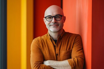 Portrait of a confident middle-aged bald man with glasses, radiating professionalism and wisdom, against a vibrant and colorful backdrop.