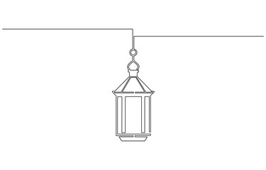 Hanging lanterns in one line drawing. Horizontal banner in minimalistic Industrial style. single continuous line drawing, Vector illustration. Line art of pendant lamp.