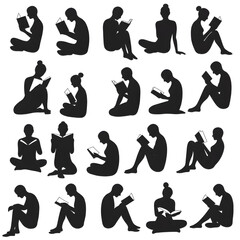 Twenty silhouette figures of people sitting and engrossed in reading books vector