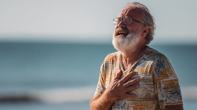 Senior man experiences chest pain on a sunny beach, emphasizing health risks and the need for immediate medical assistance